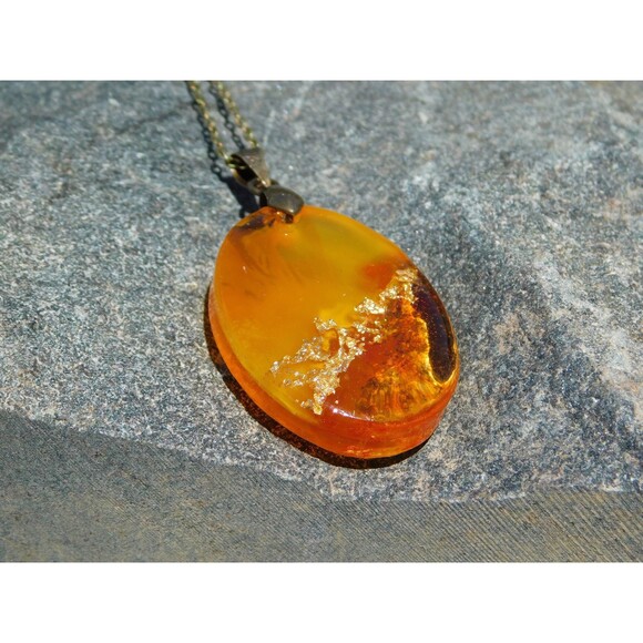 Handmade Orange Sunset Gold Leaf Oval Resin Cast Pendant Necklace - Picture 9 of 10